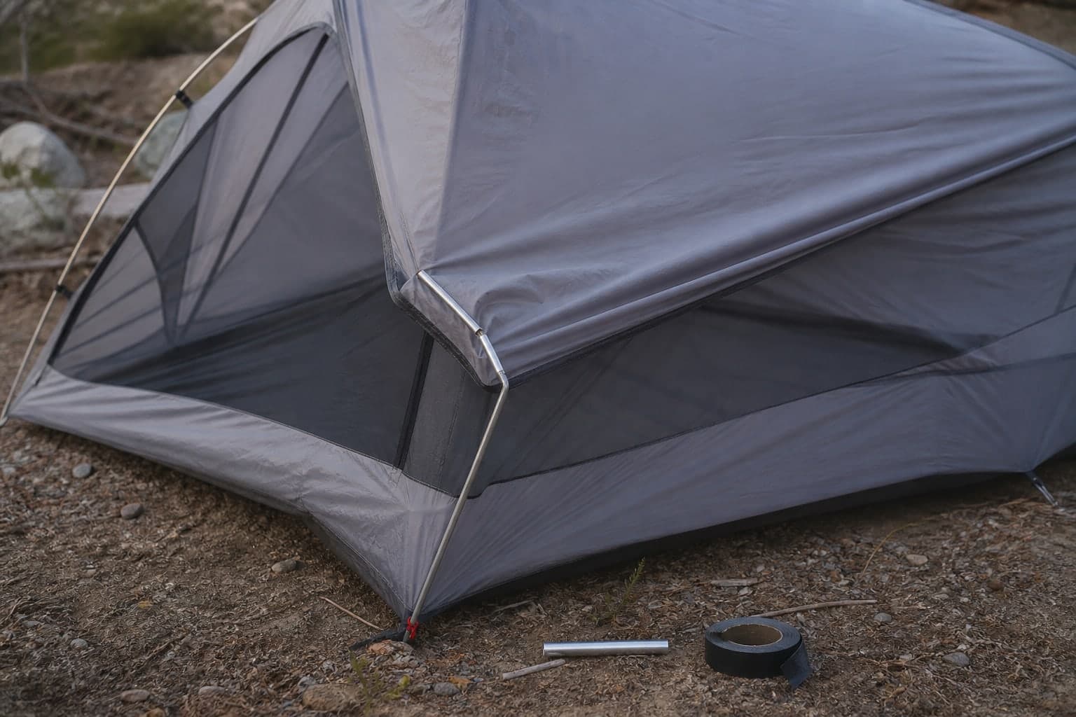 A backpacking tent sagging where an aluminum pole has kinked and split beside a joint
