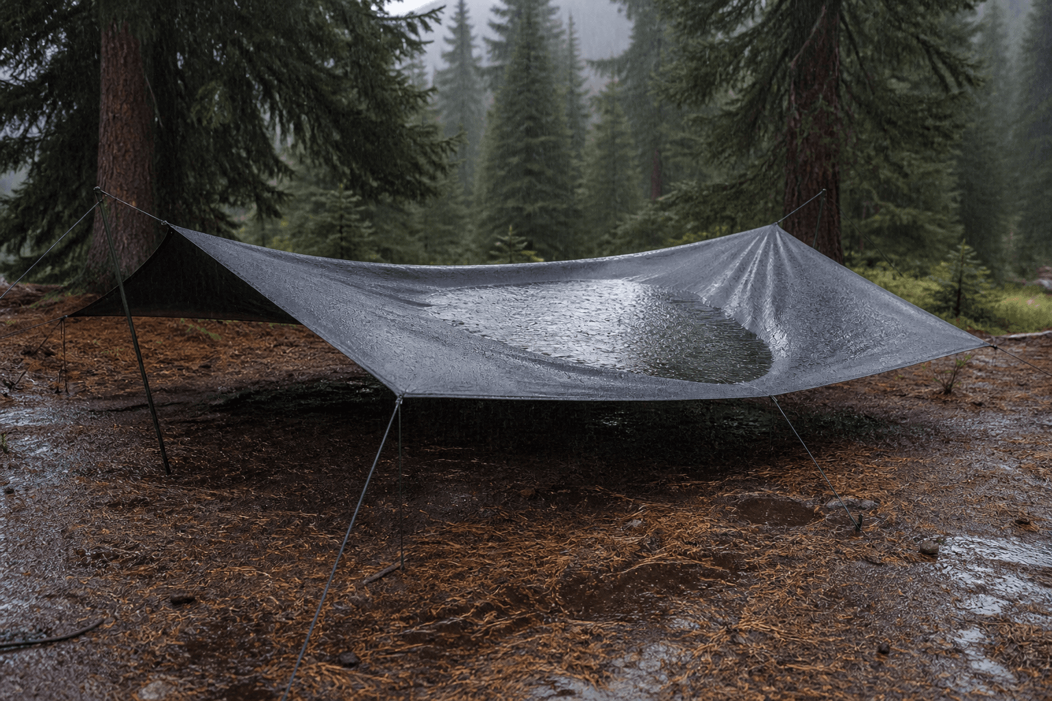 Rainwater collecting in the sagging center of a nearly flat camping tarp