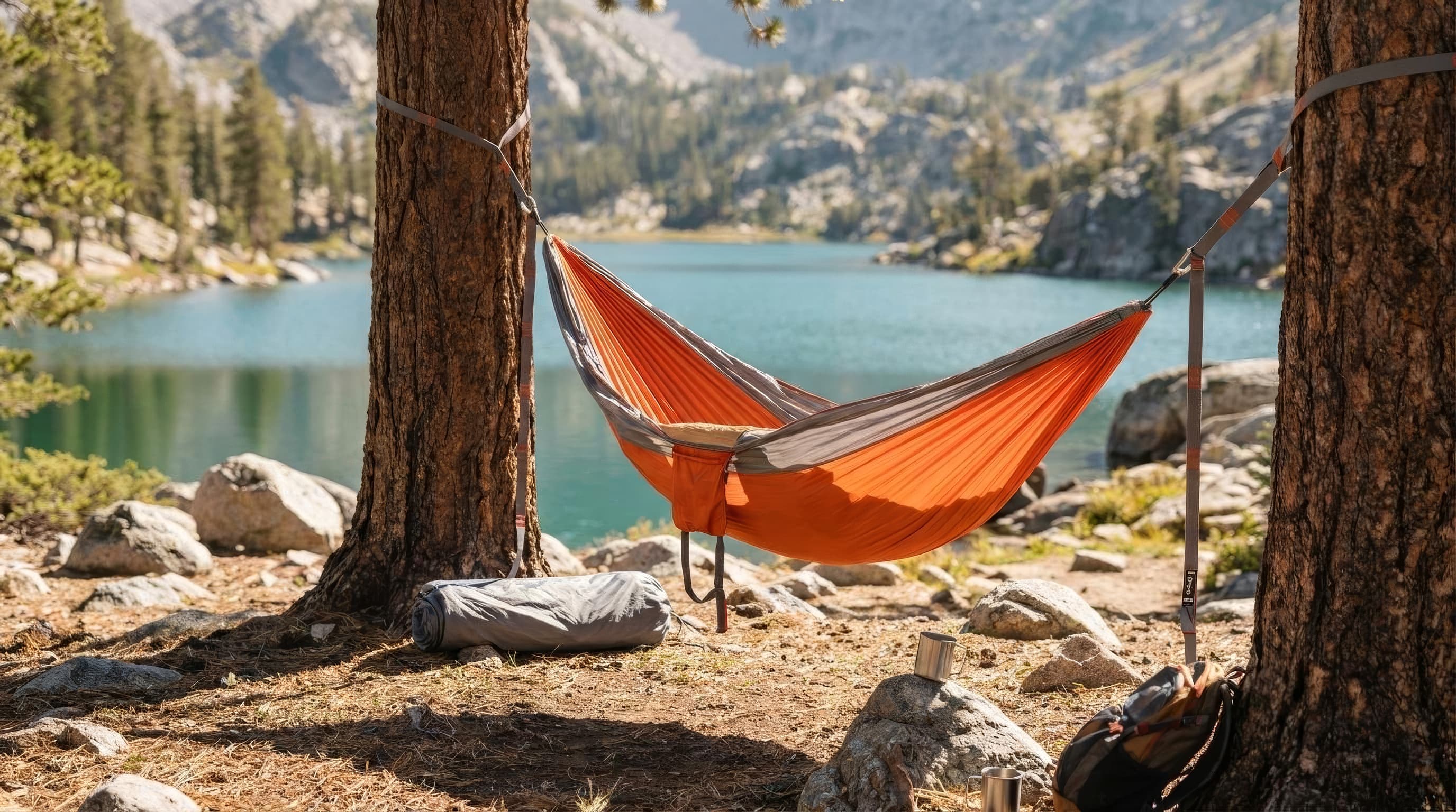 Kammok Roo Double hammock hung above a quiet forest campsite