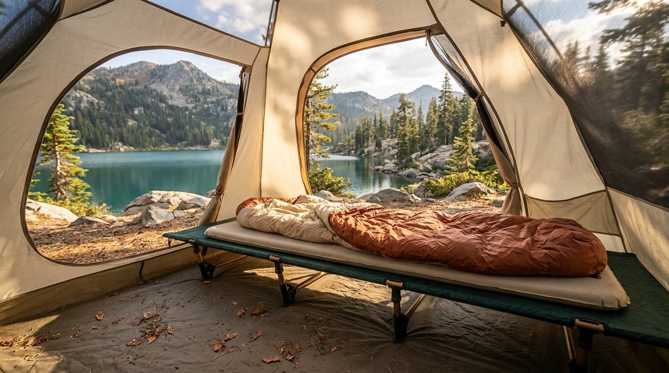 Kelty Lowdown Cot assembled inside a low-profile camping tent