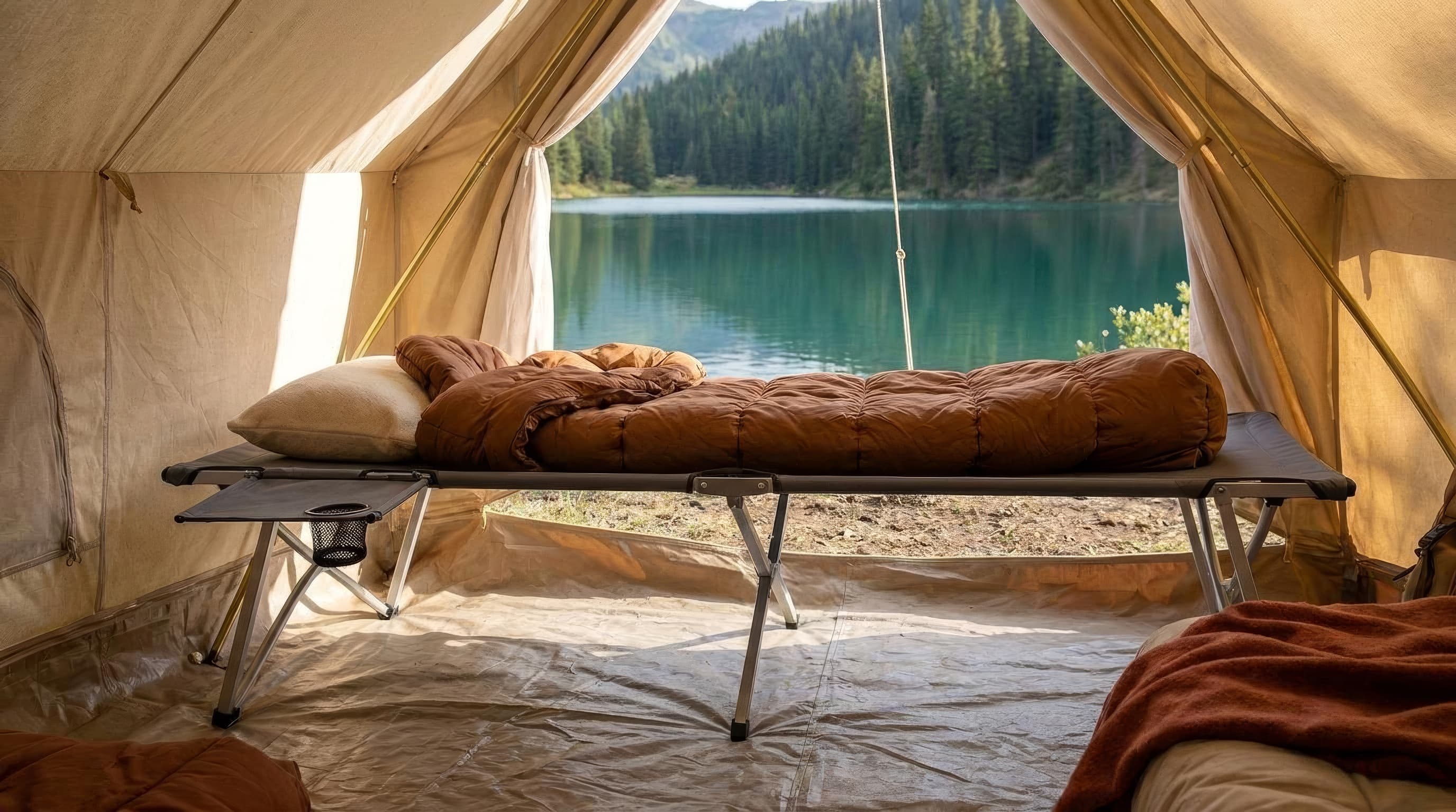 Kelty Lowdown Cot assembled inside a low-profile camping tent