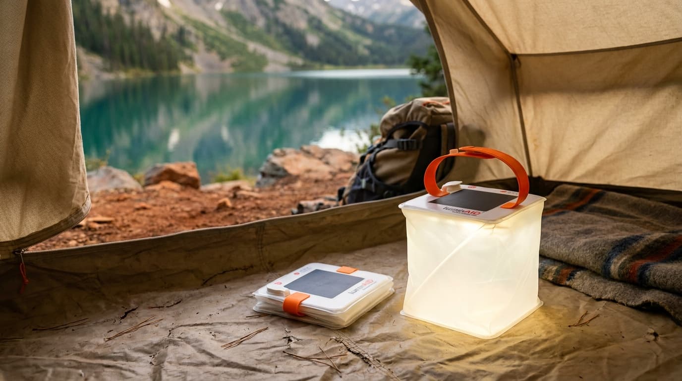 LuminAID PackLite Nova inflatable solar lantern displayed inflated and glowing