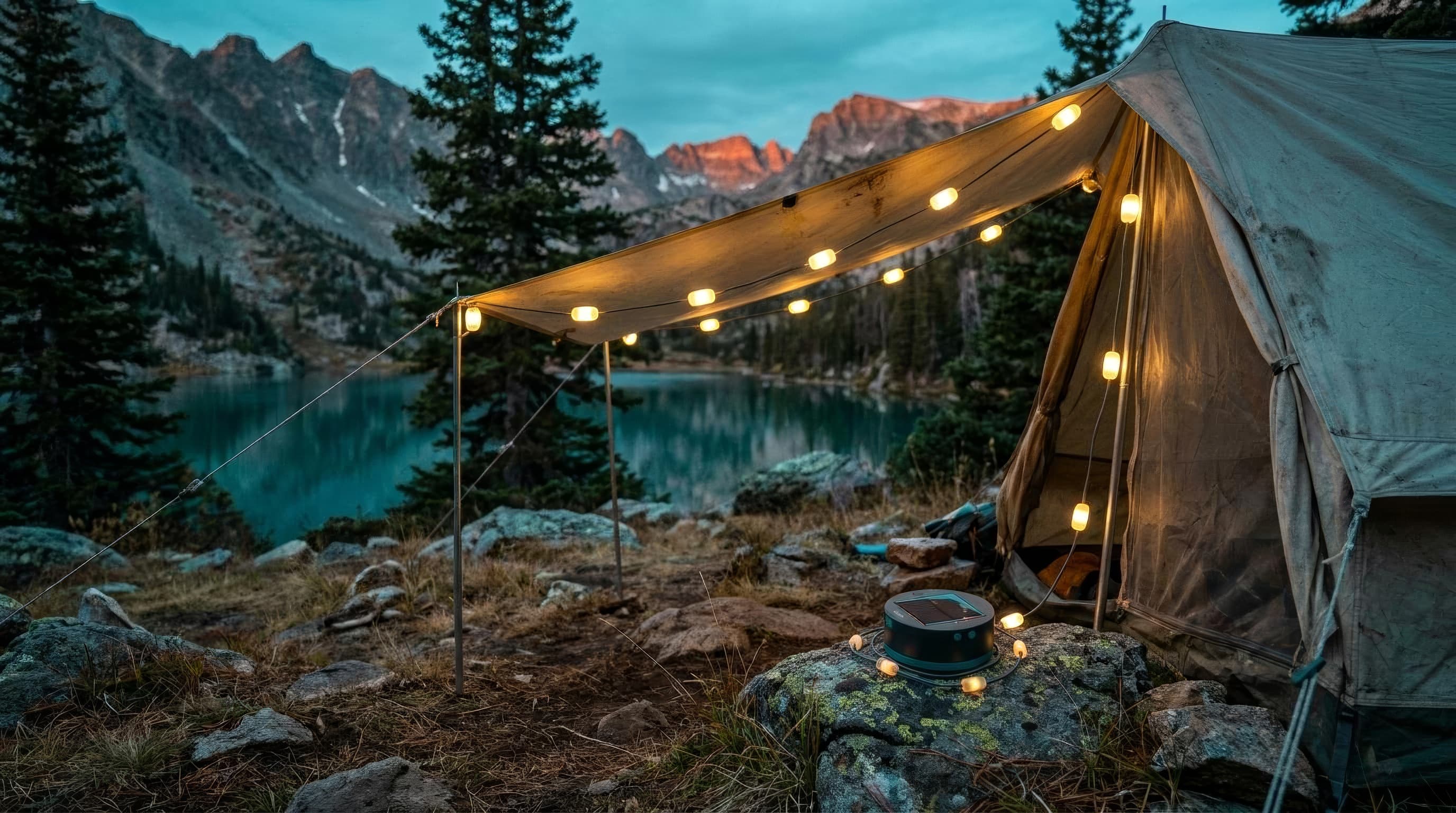 MPOWERD Luci 18-foot solar string lights glowing warmly around a campsite
