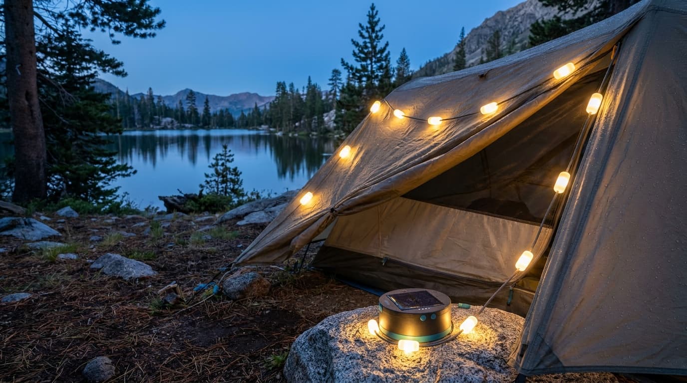 MPOWERD Luci 18-foot solar string lights glowing warmly around a campsite