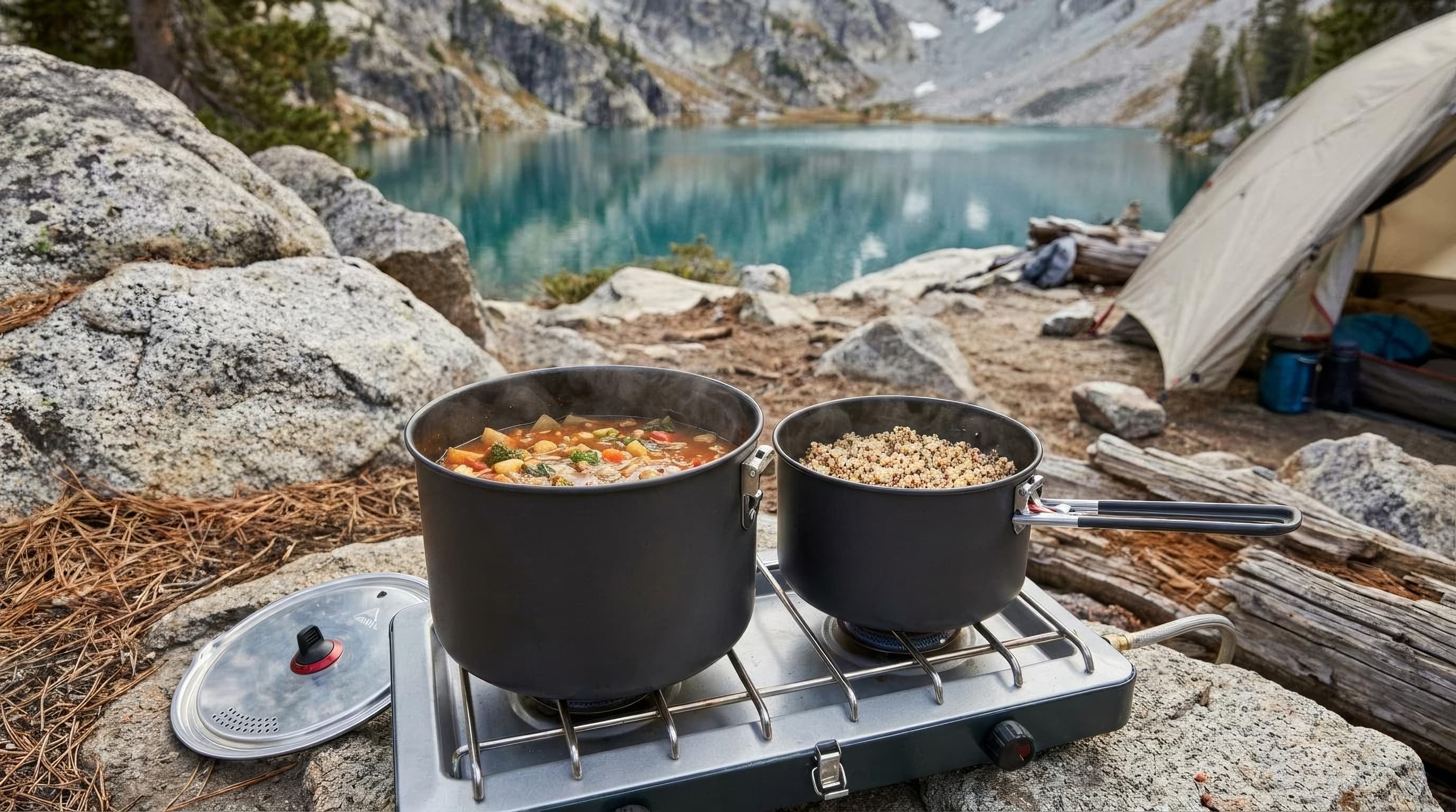 MSR Ceramic 2-Pot Set cooking a main dish and side at camp
