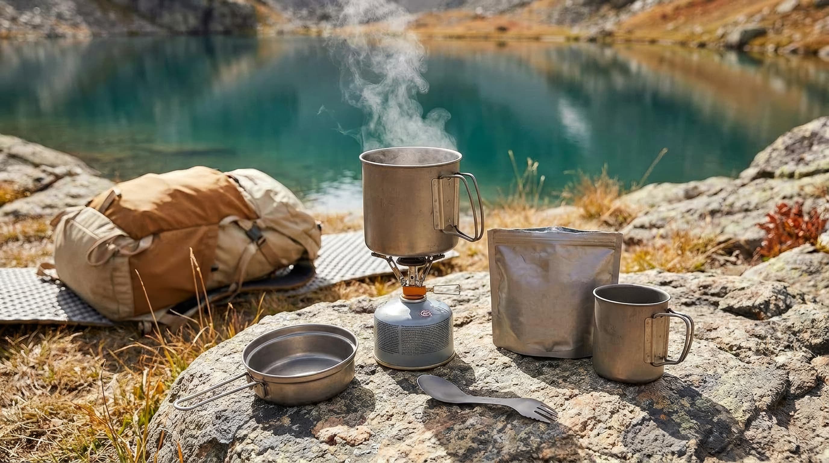 Snow Peak Trek 900 titanium pot boiling water at a solo backpacking campsite