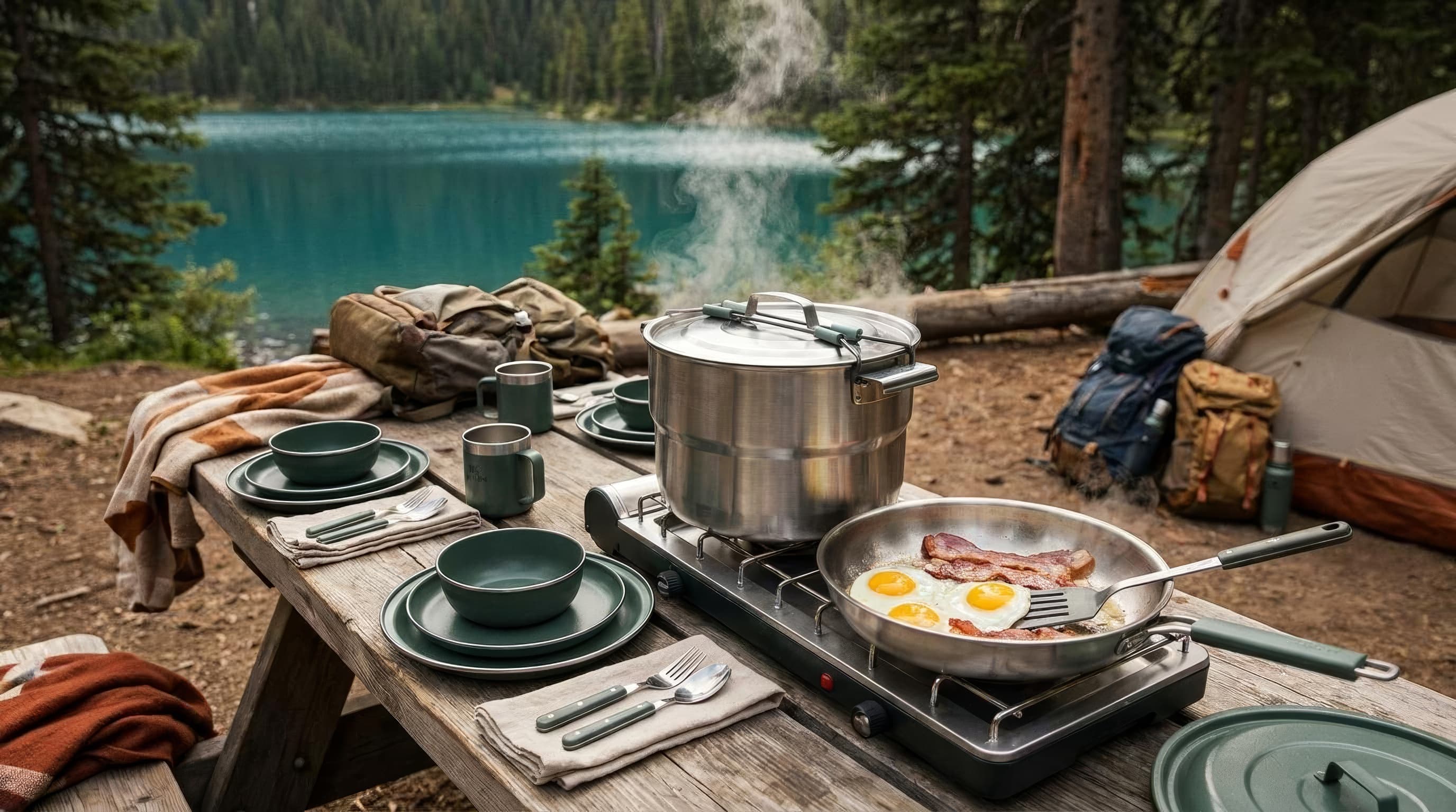 Stanley Wildfare Core cookware serving breakfast for four at a car campsite