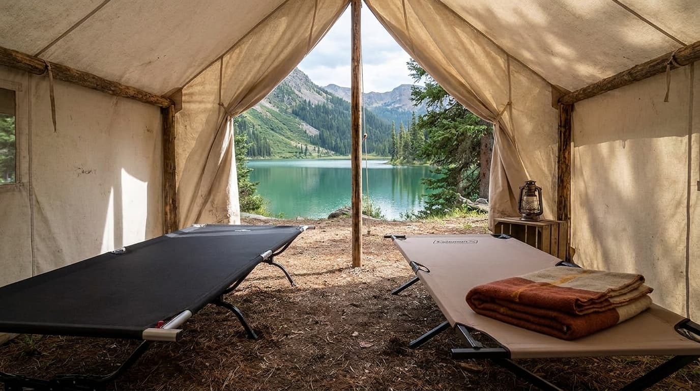 Teton Outfitter XXL and Coleman Trailhead II cots compared in a basecamp tent
