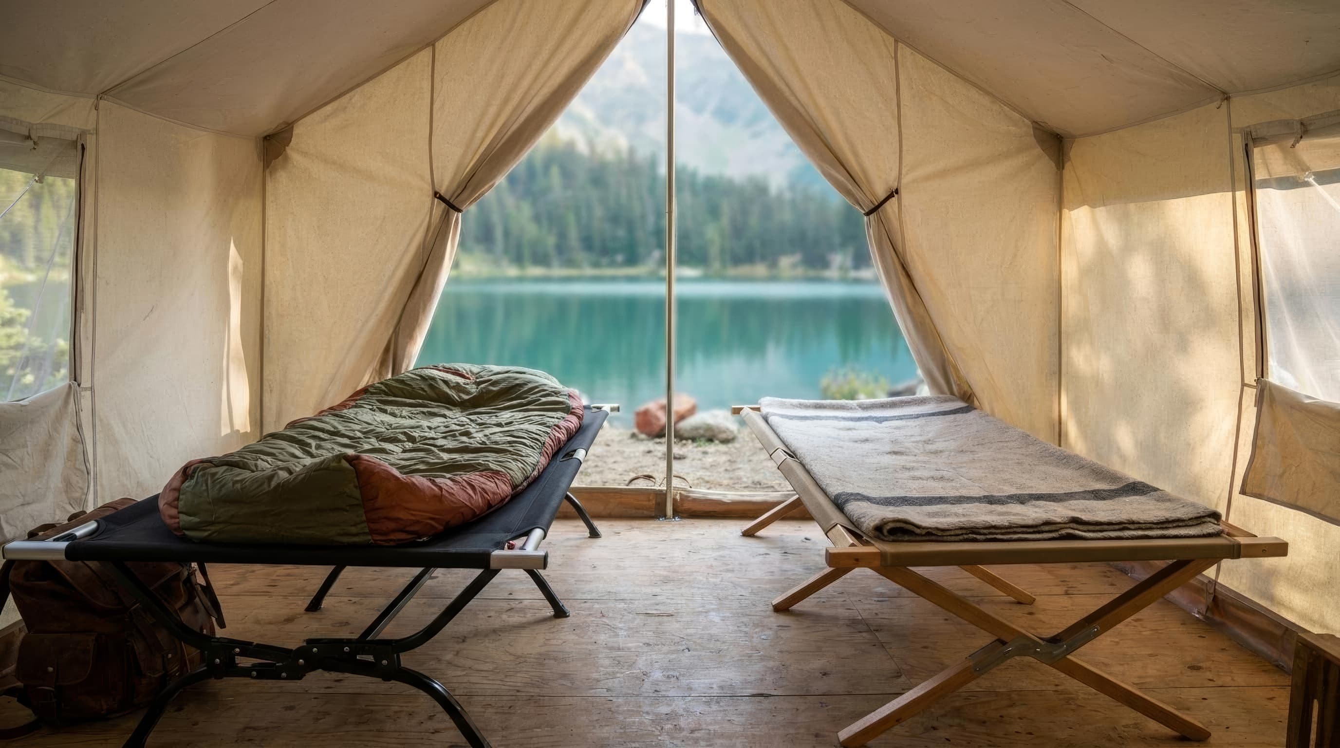 Teton Outfitter XXL and Coleman Trailhead II cots compared in a basecamp tent
