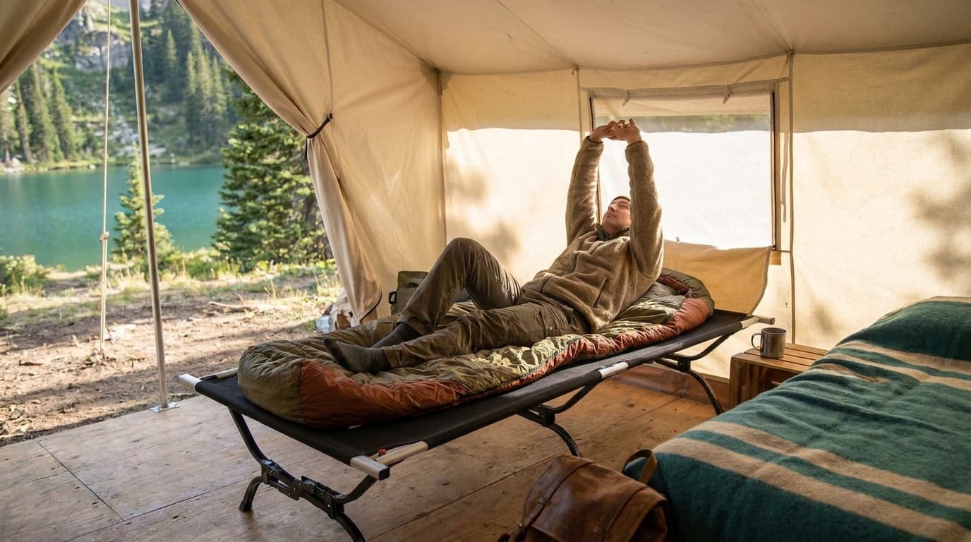 Teton Outfitter XXL camping cot filling a large basecamp tent