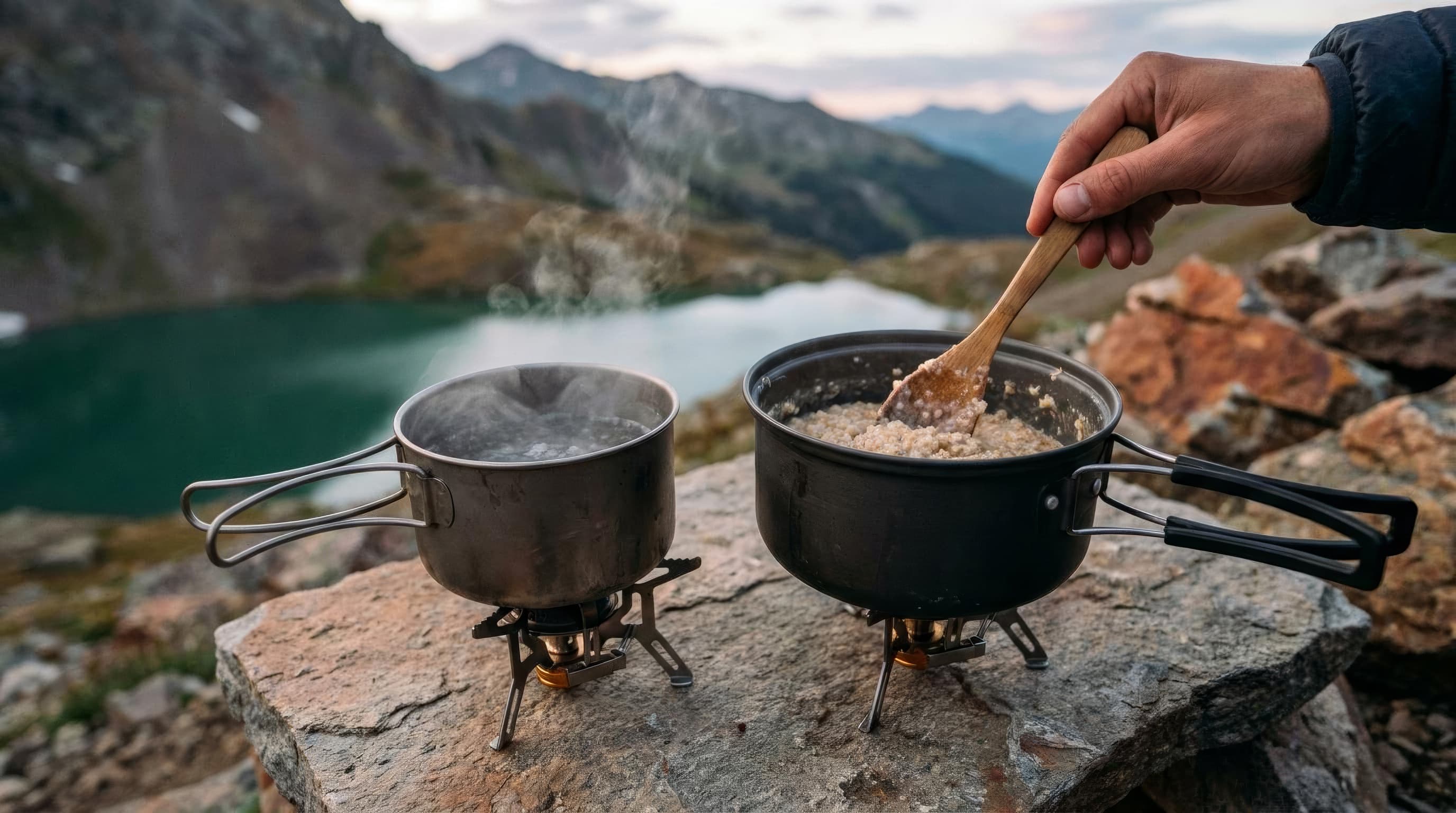 A bare titanium camping pot and hard-anodized aluminum pot heating side by side