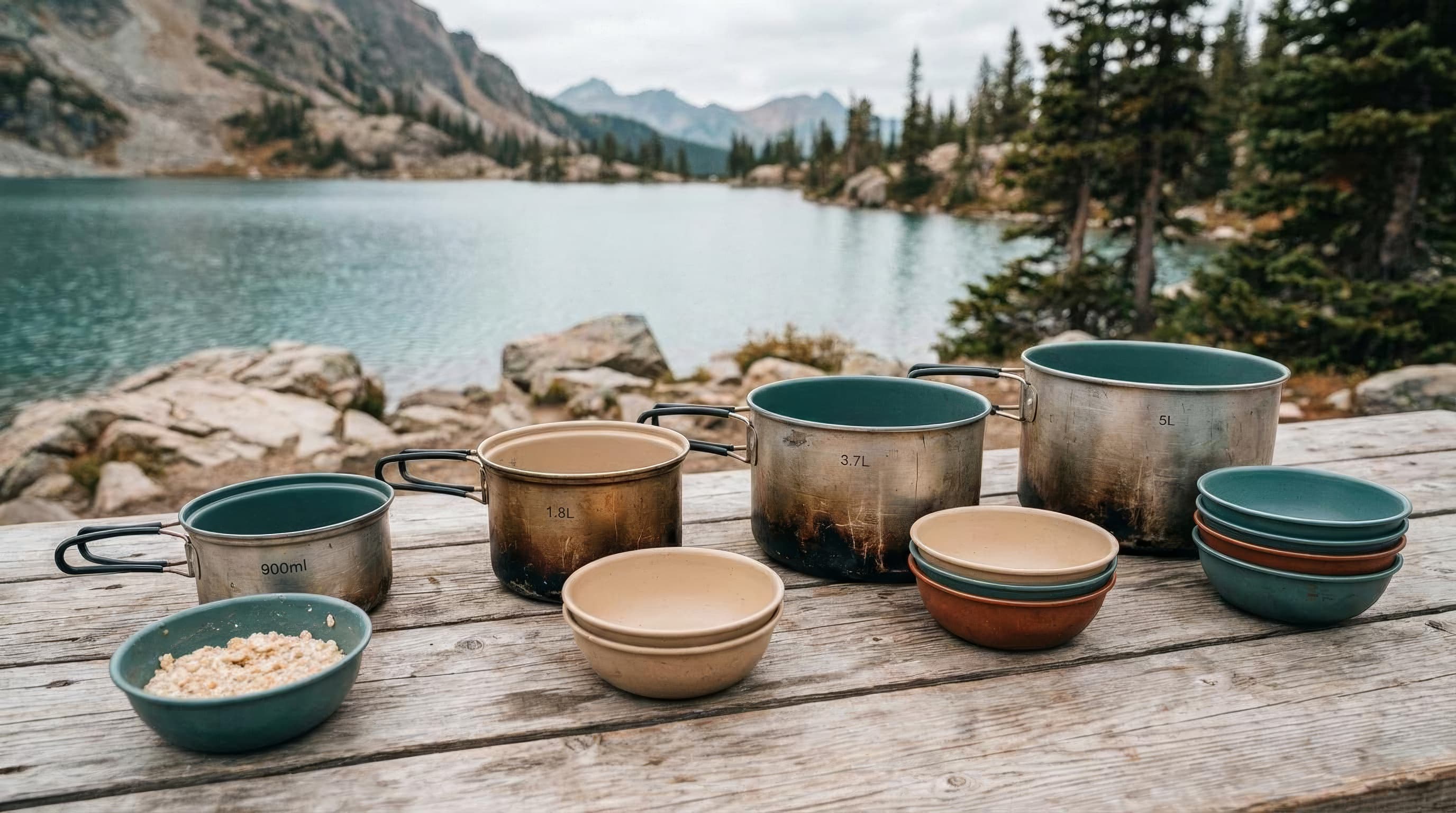 Camping pots from 900 milliliters to 5 liters arranged with matching meal portions