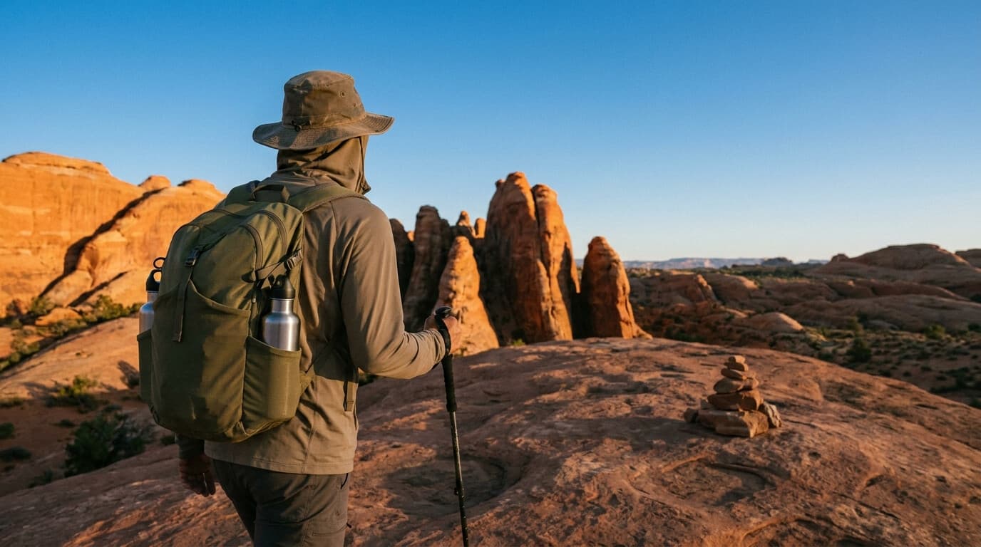 A hiker in a light sun hoodie and wide-brim hat crossing red slickrock in a desert national park, water bottles visible in pack side pockets