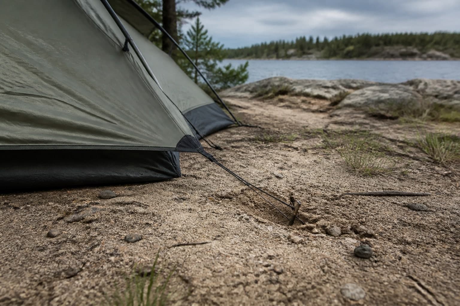 Tent guyline attached to a stake in loose sandy ground