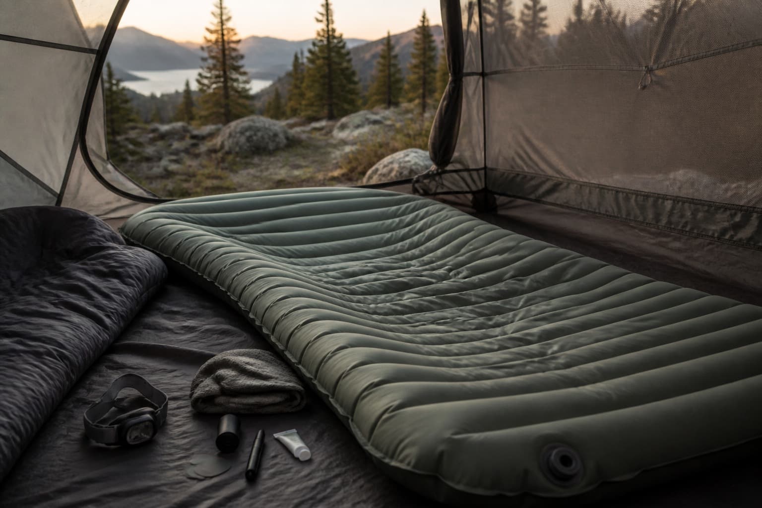 Inflatable sleeping pads arranged inside a camping tent