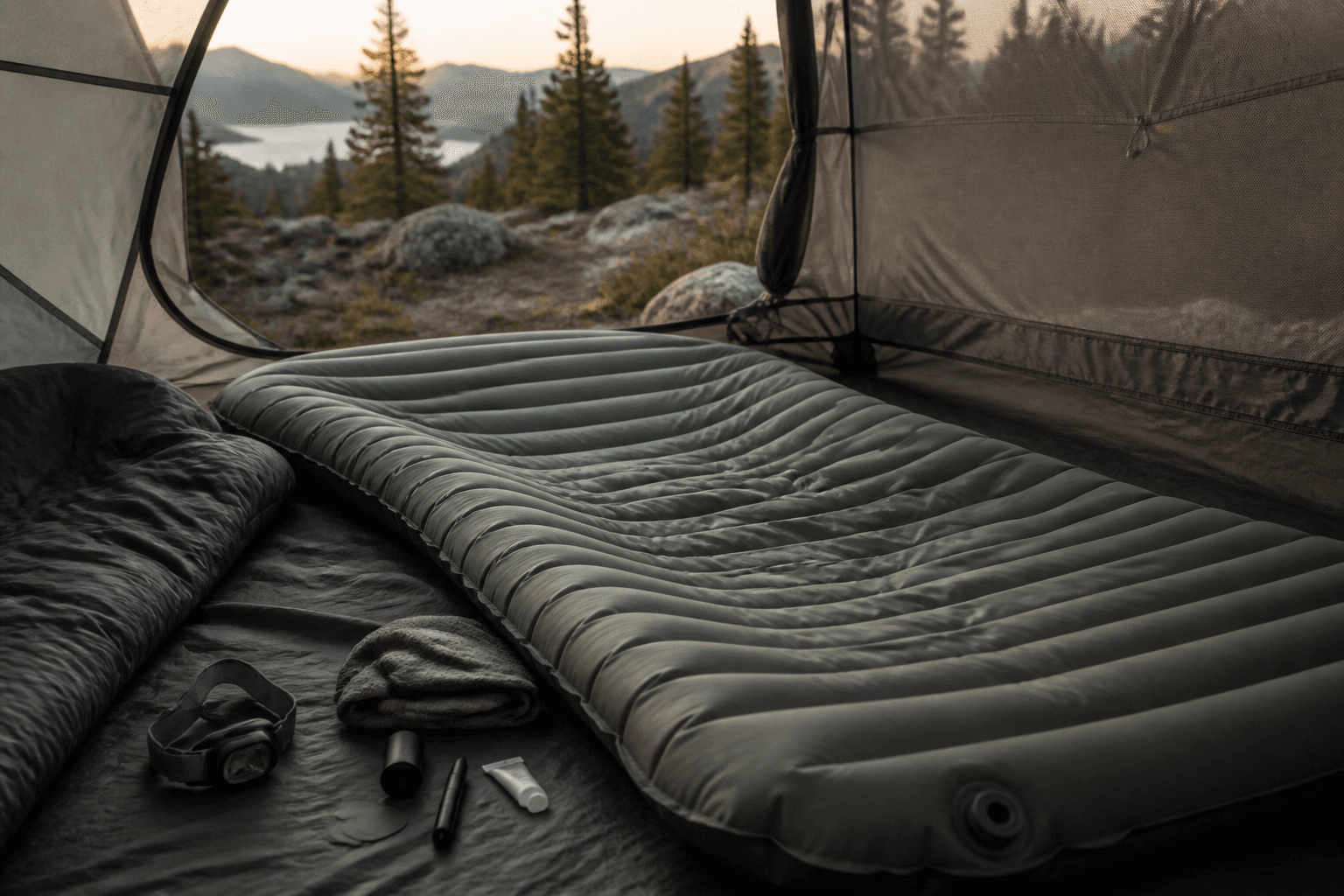 Inflatable sleeping pads arranged inside a camping tent