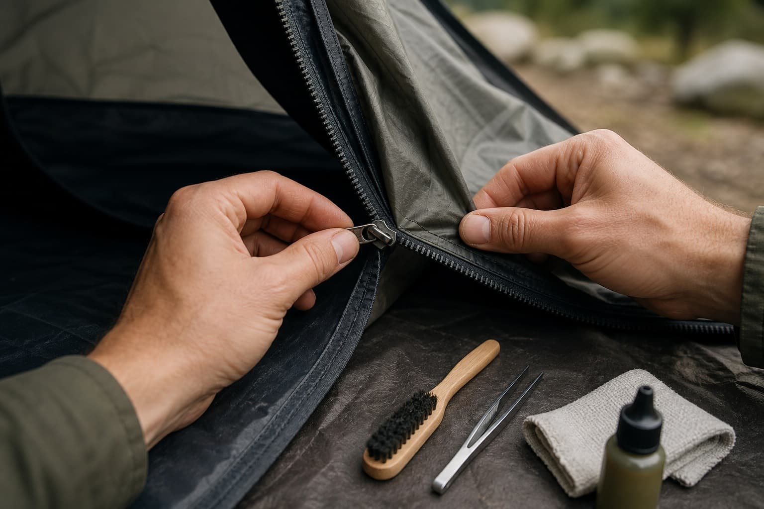 Hands holding a tent zipper and fabric beside a brush and tweezers