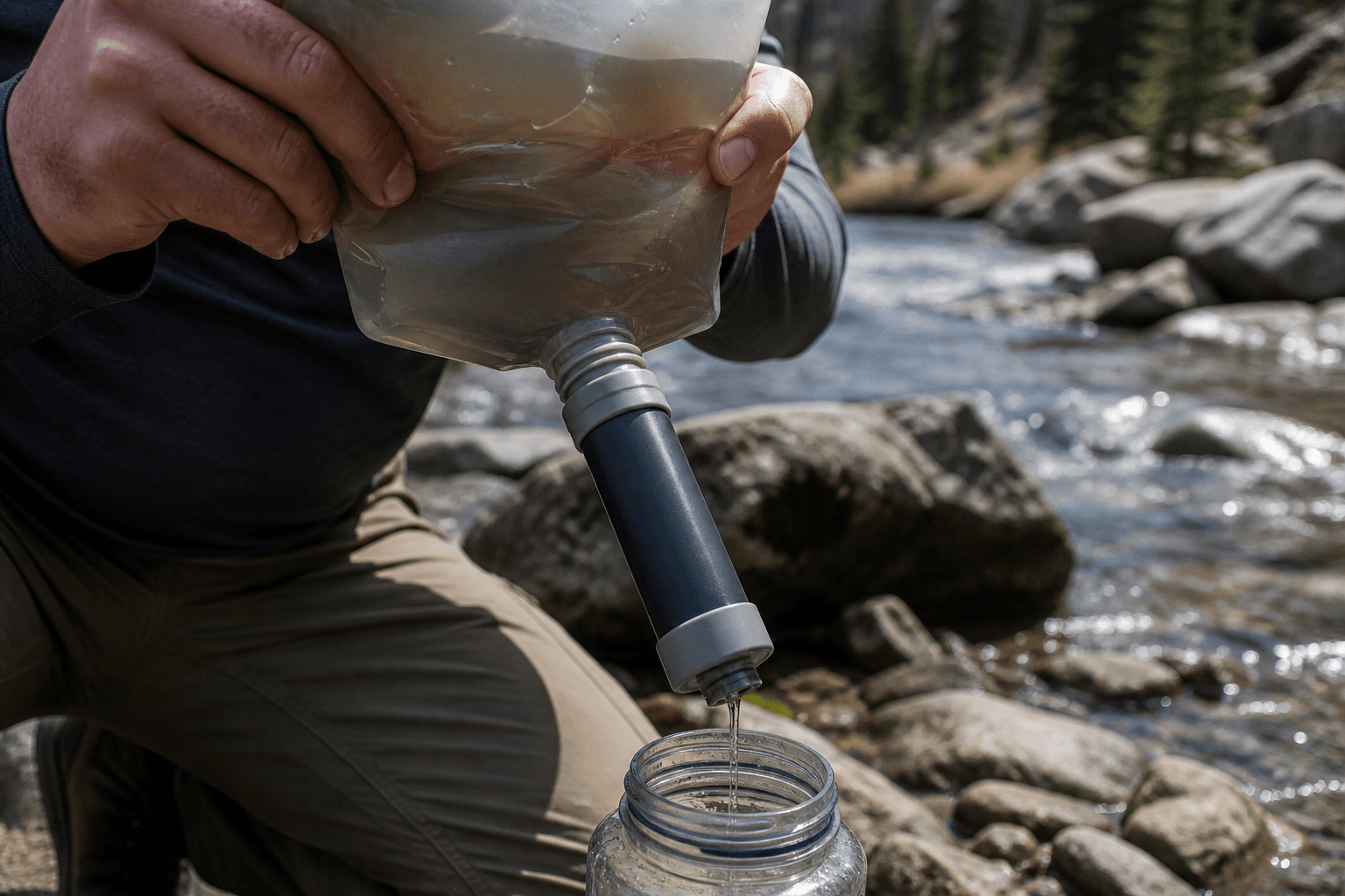 Several types of backpacking water filters compared side by side