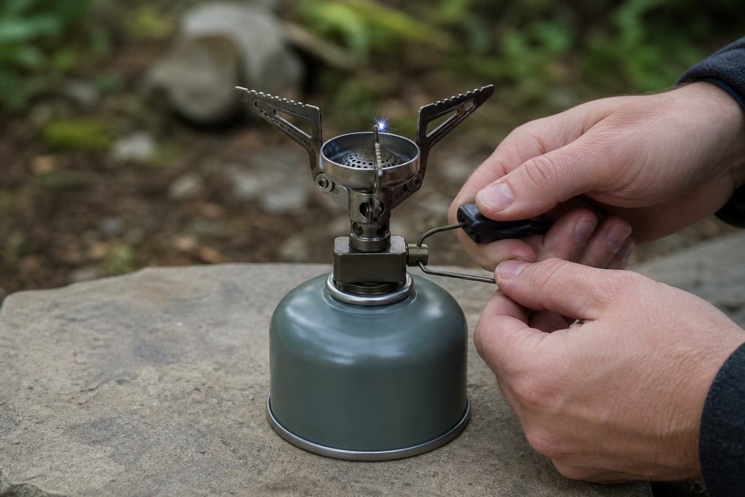 Hands operating the igniter and control of a compact canister camping stove