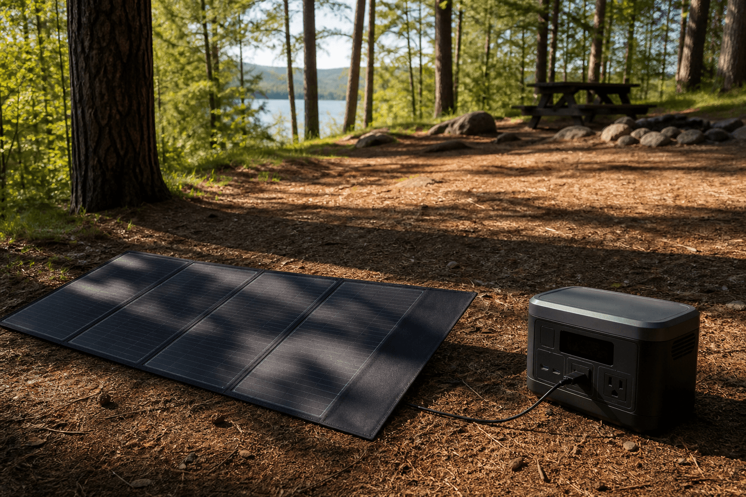 A portable solar panel lying flat in dappled shade while connected to a power station