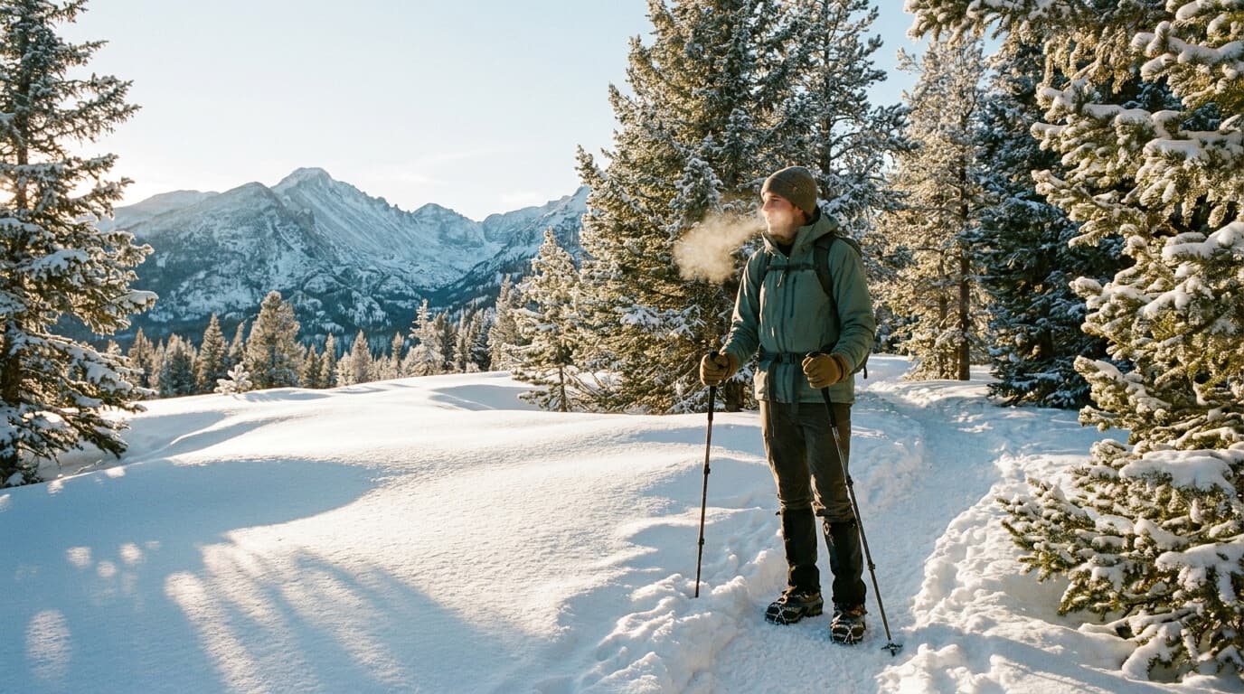 A winter hiker in layered clothing on a snow-packed trail beneath frosted evergreens in a national park, low golden light