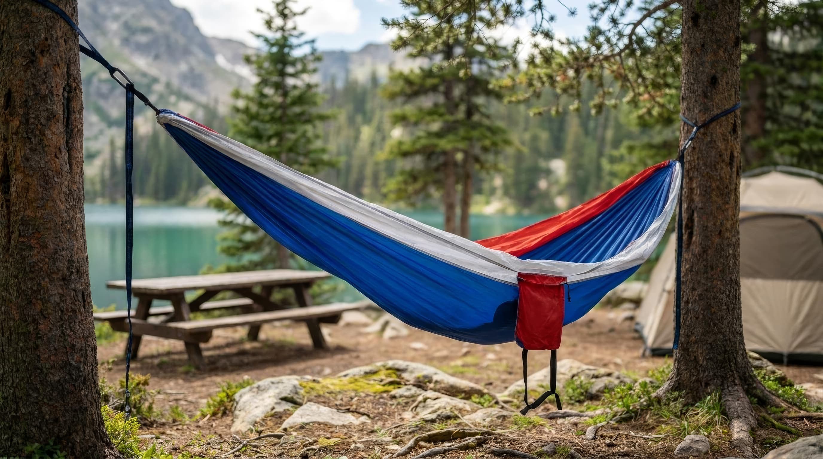 Wise Owl DoubleOwl hammock hanging between trees at a casual campsite