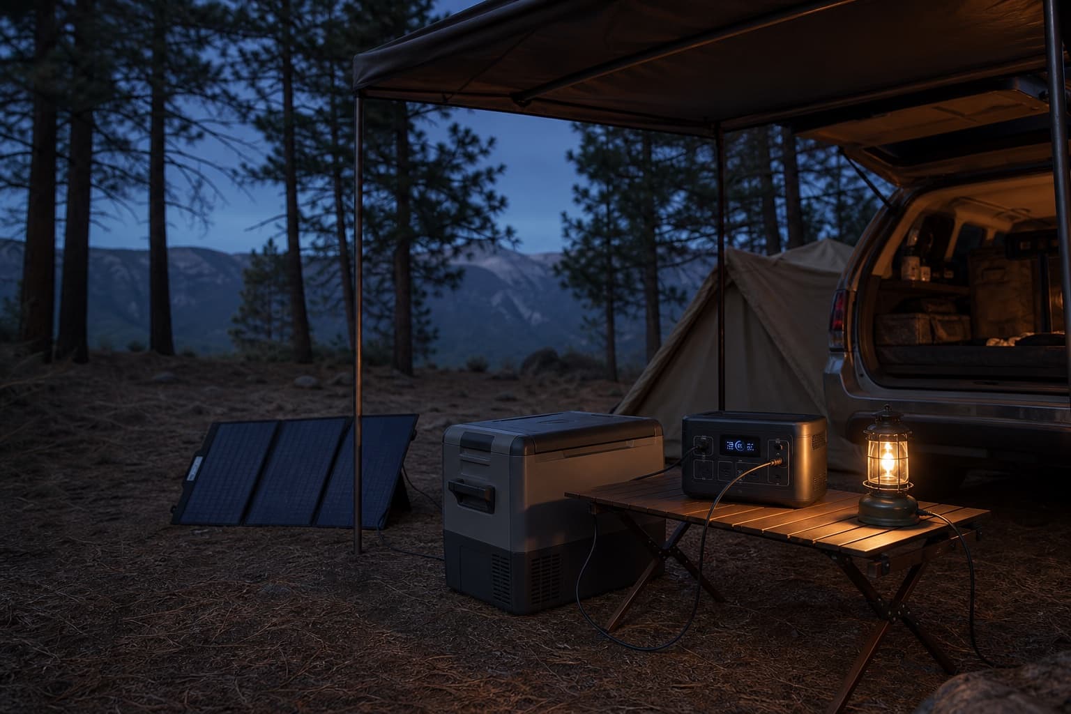 A portable power station running a camp fridge and lantern beneath a vehicle awning at blue hour