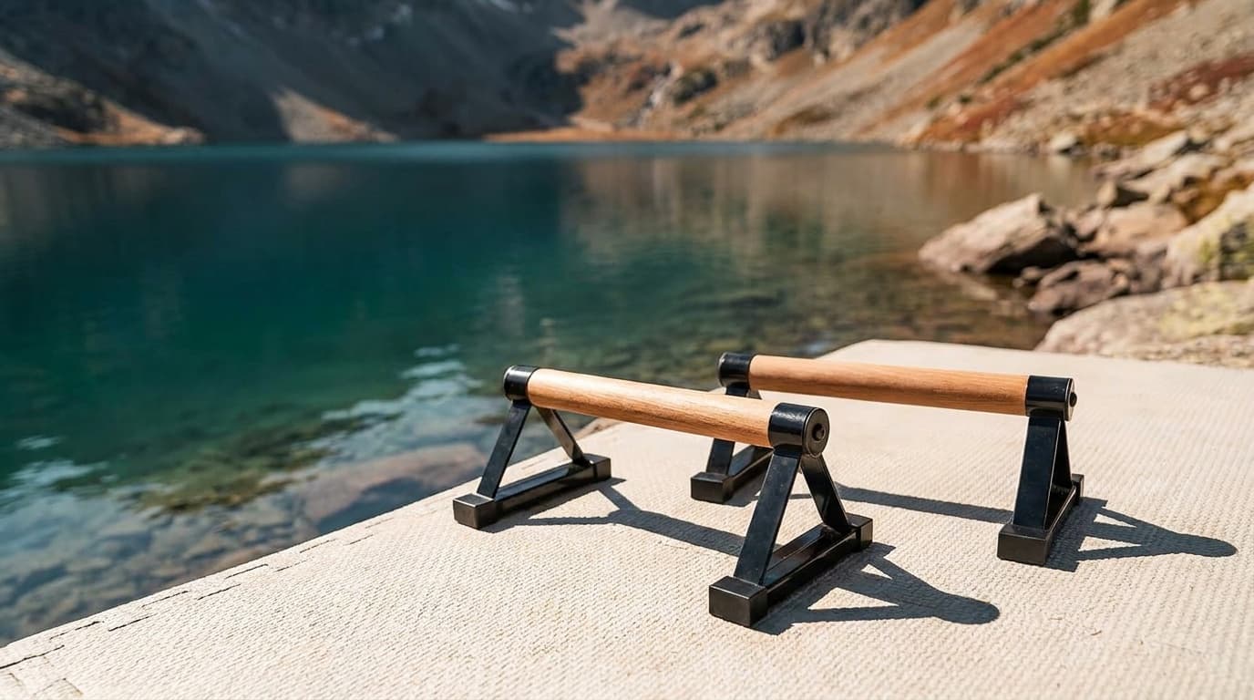 airogym low wooden parallettes with solid wood handles and black metal bracket bases