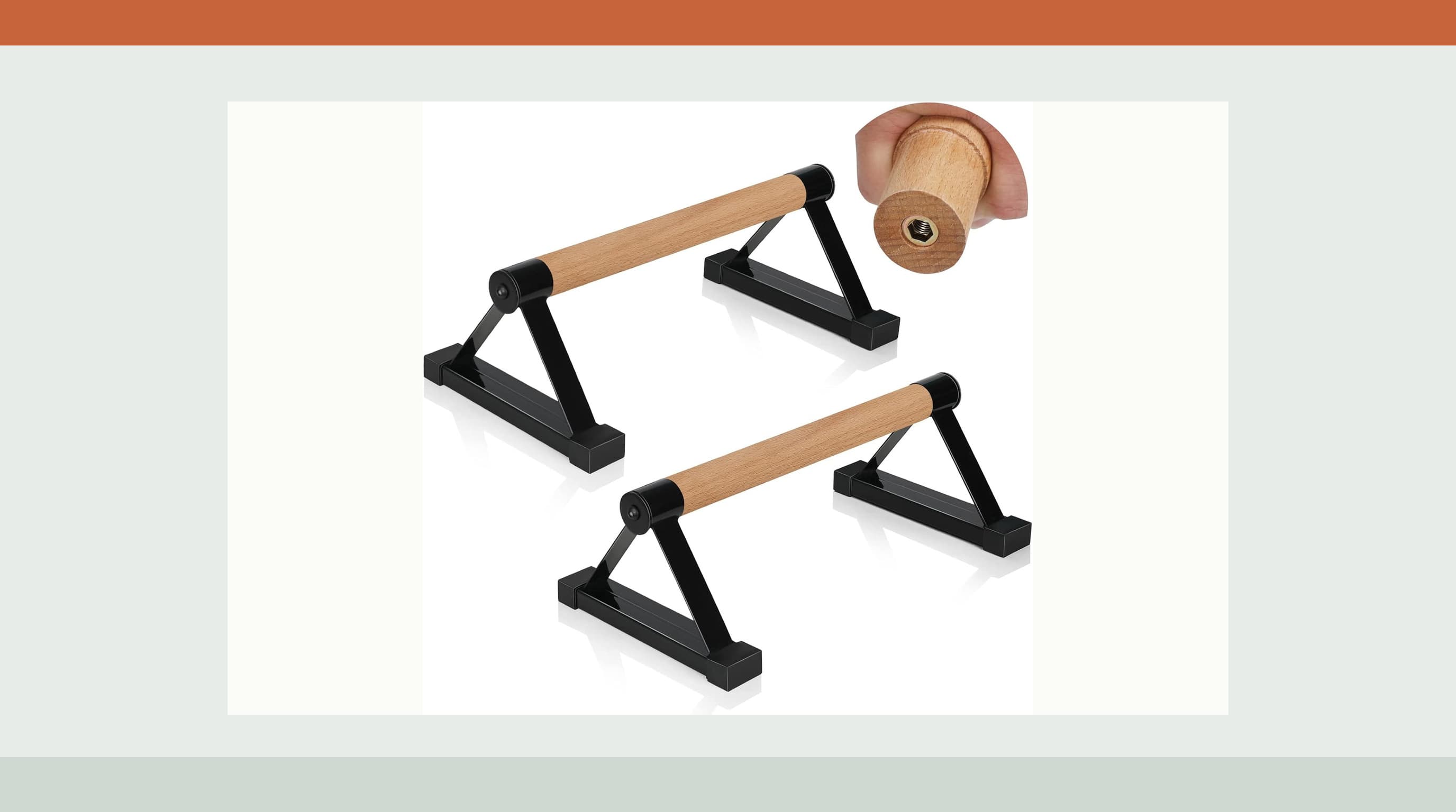 airogym low wooden parallettes with solid wood handles and black metal bracket bases