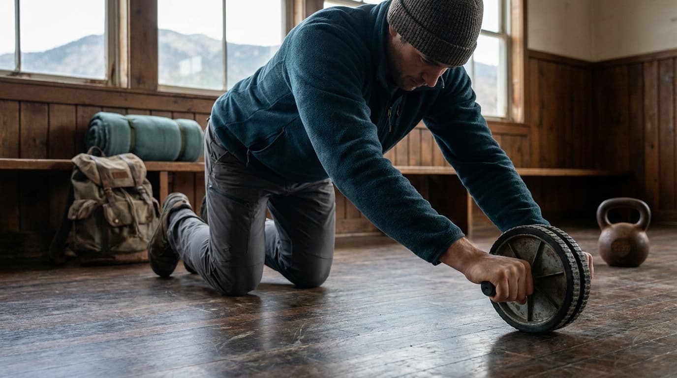 Person kneeling on a gym floor mid-rollout with an ab wheel, core braced, arms fully extended on dark hardwood