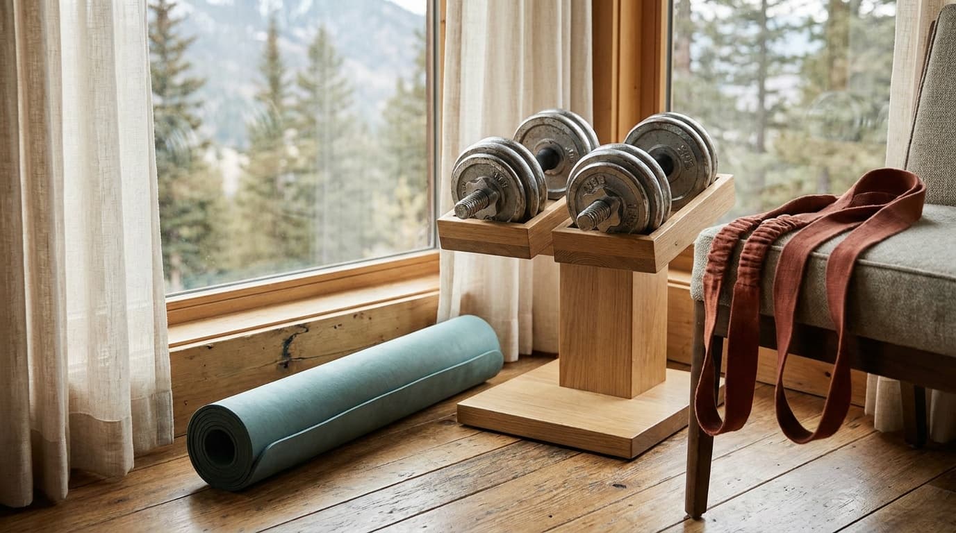 A pair of BowFlex SelectTech 552 adjustable dumbbells resting on their tray in a bright, minimal home gym with a foam mat and a window showing morning light