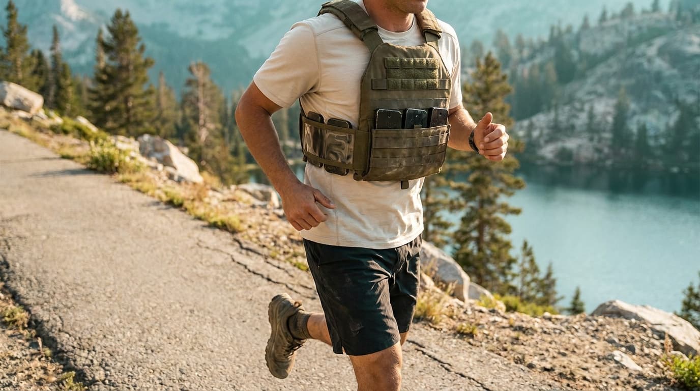 A person in a close-fitting adjustable weighted vest mid-stride on a sunlit paved path, iron weight plates visible through the vest's side panels, a park treeline blurred in the background