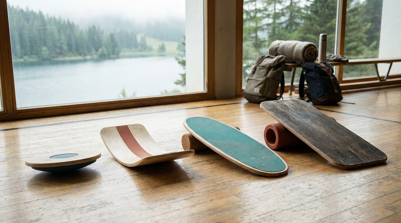 Five balance boards arranged by type, from a compact wobble board to roller and spinning boards