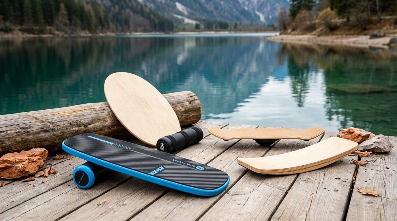 Five balance boards arranged by type, from a compact wobble board to roller and spinning boards