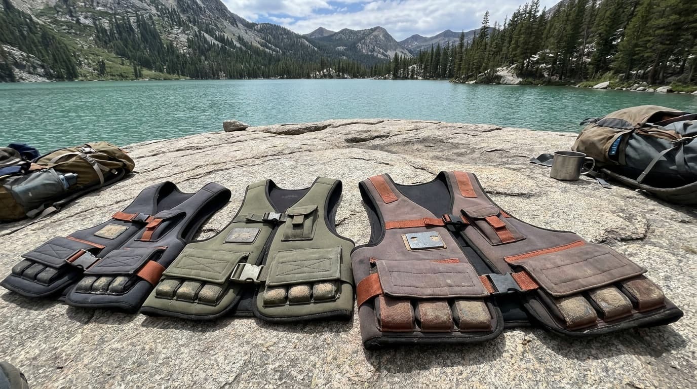 Four budget weighted vests arranged on a flat surface showing neoprene construction and weight pocket details, photographed in natural light