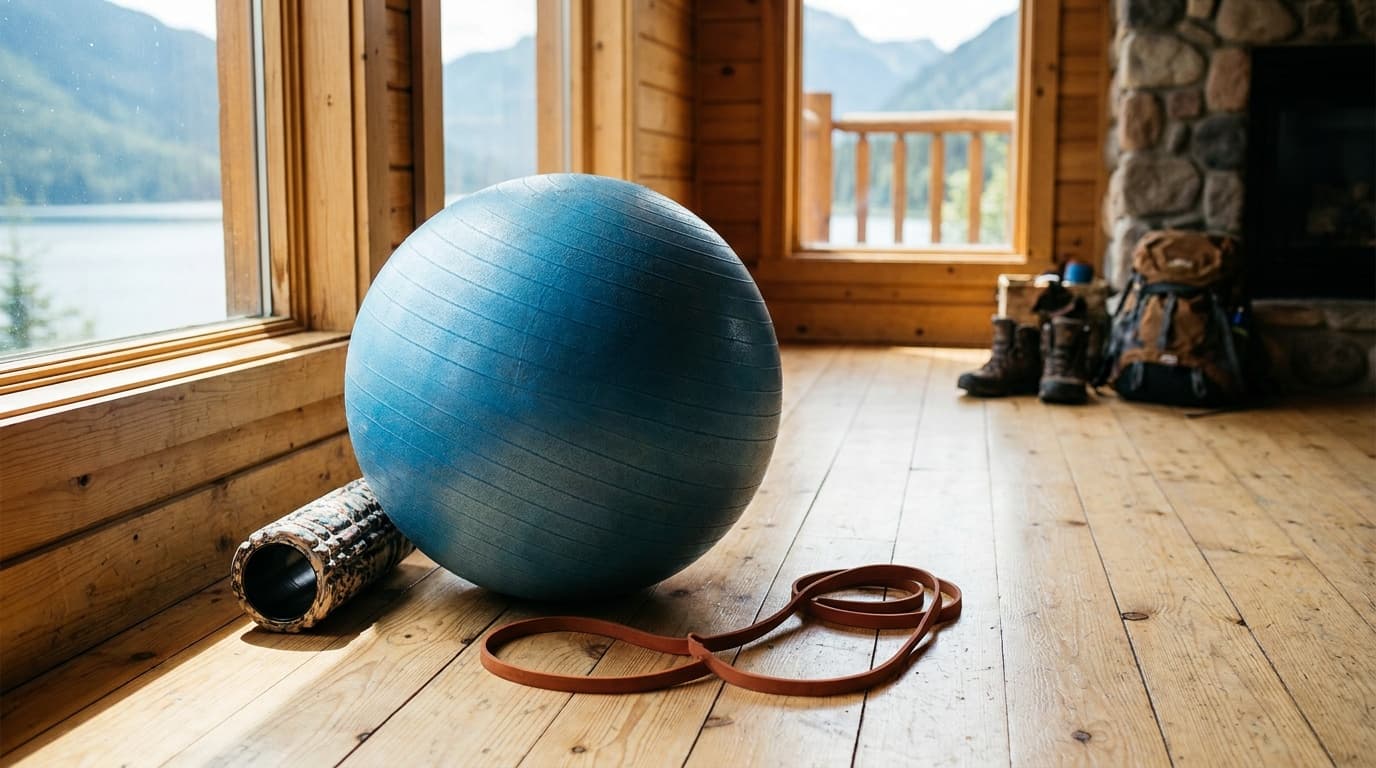 A 65cm blue stability ball sitting on a light wood gym floor beside a foam roller and resistance band, clean window light from the left showing the textured non-slip surface