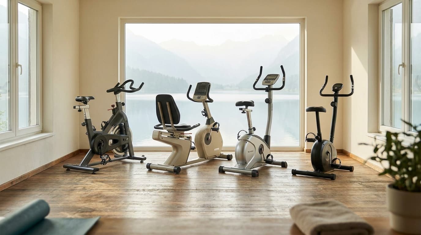 A row of four home exercise bikes in a bright, minimalist home gym: a spin bike, a recumbent bike, an upright magnetic bike, and a budget upright, natural light from a side window