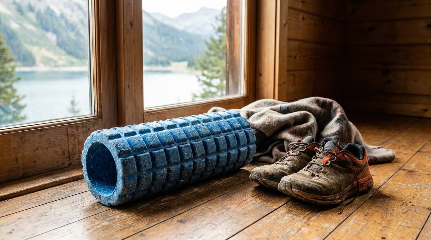 A grid-texture foam roller resting on a wooden gym floor beside a pair of trail running shoes, natural window light across the frame