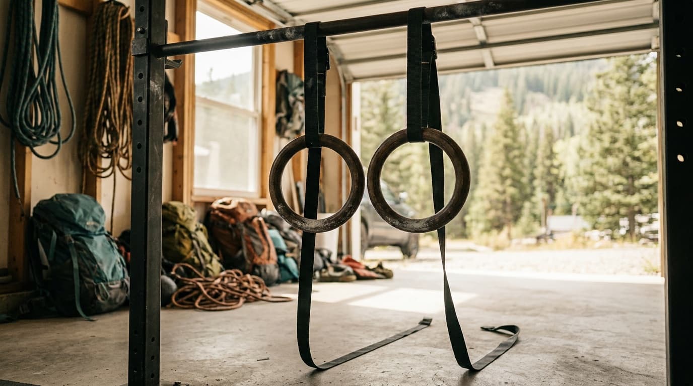 A pair of wooden gymnastic rings hanging from a pull-up bar in a sunlit garage gym, chalk marks on the rings, straps fully extended for ring dips