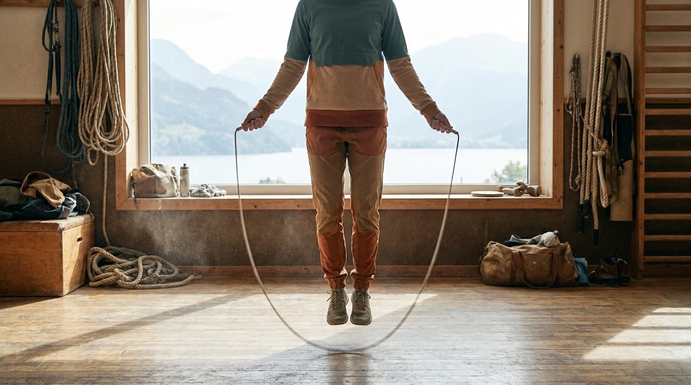 An athlete mid-double-under on a gym floor, a speed cable rope blurred in motion beneath their feet