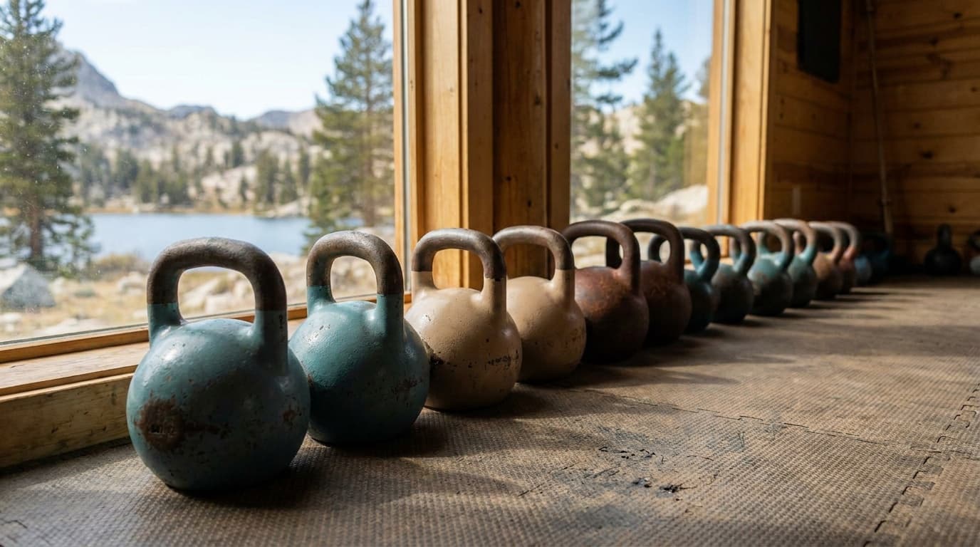 A row of powder-coated cast iron kettlebells on a rubber gym floor beside a sunny window, ranging from light to heavy