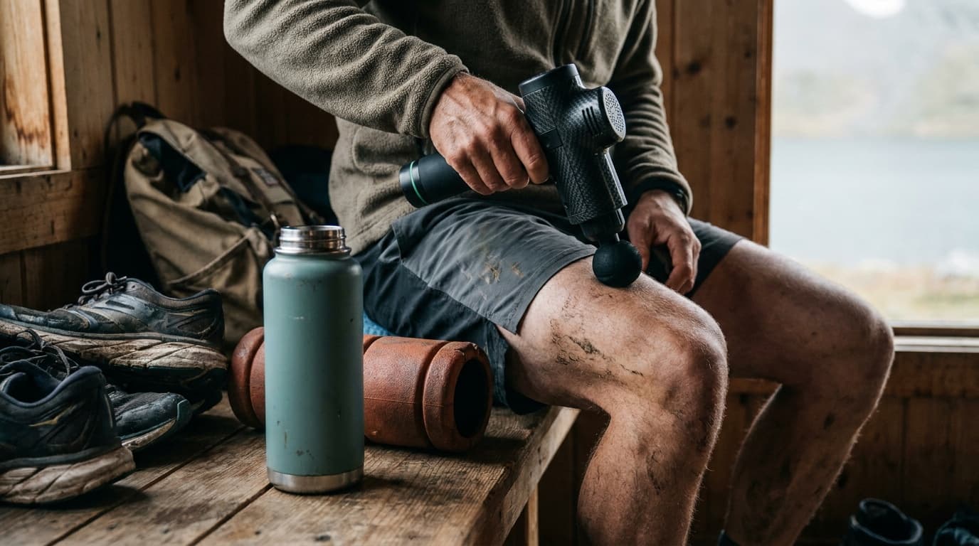 A hand holding a percussion massage gun against a sore quadriceps after a trail run, water bottle and foam roller visible on a wood floor nearby