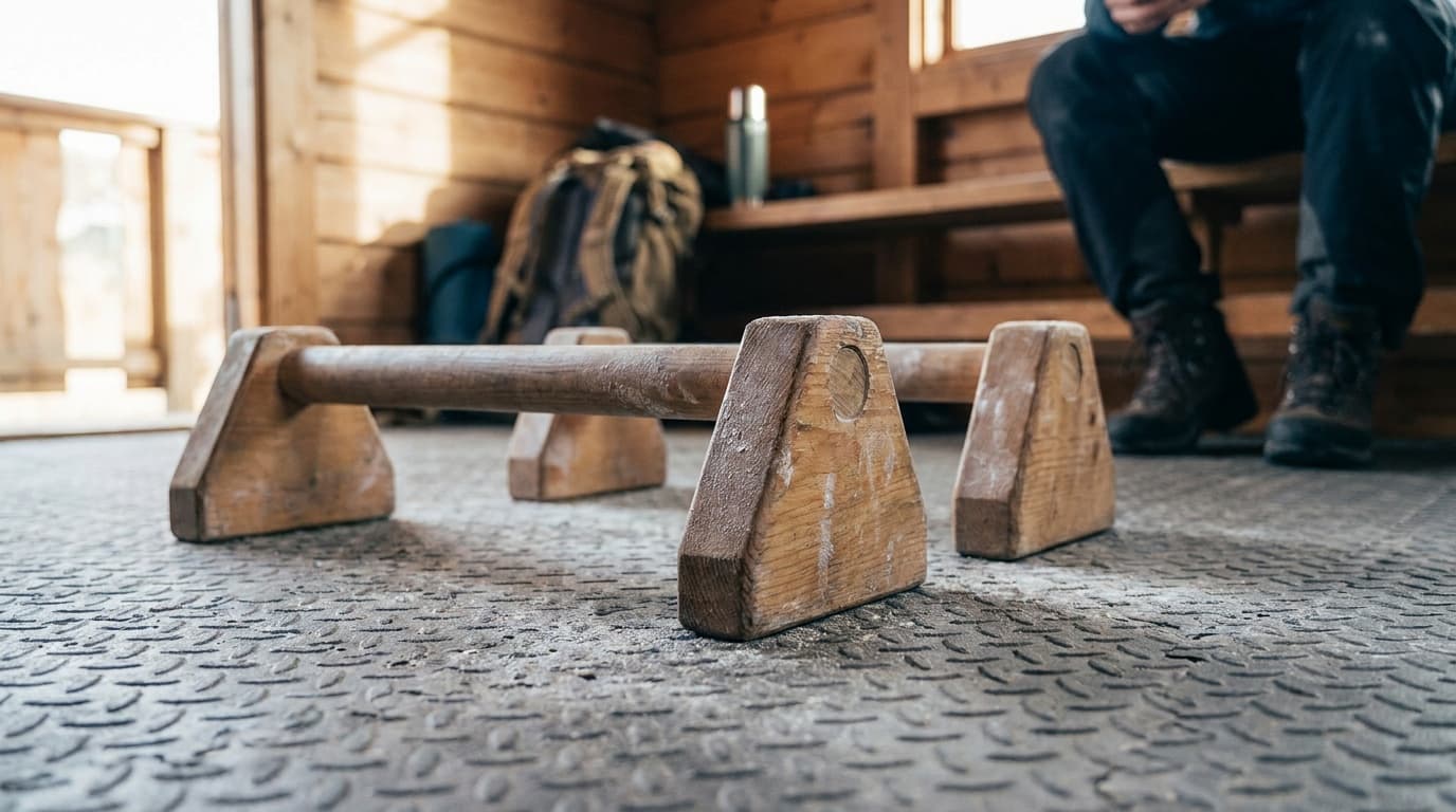Parallettes, pull-up bar, resistance bands, jump rope, and exercise mat in a compact home training space