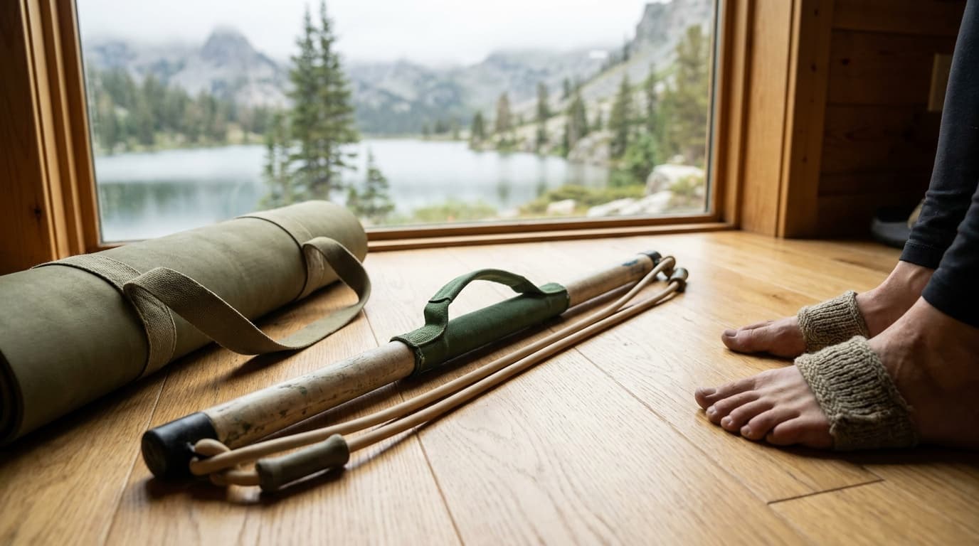 A portable pilates bar with resistance bands stretched out on a light hardwood floor next to a folded yoga mat and a pair of bare feet in foot loops