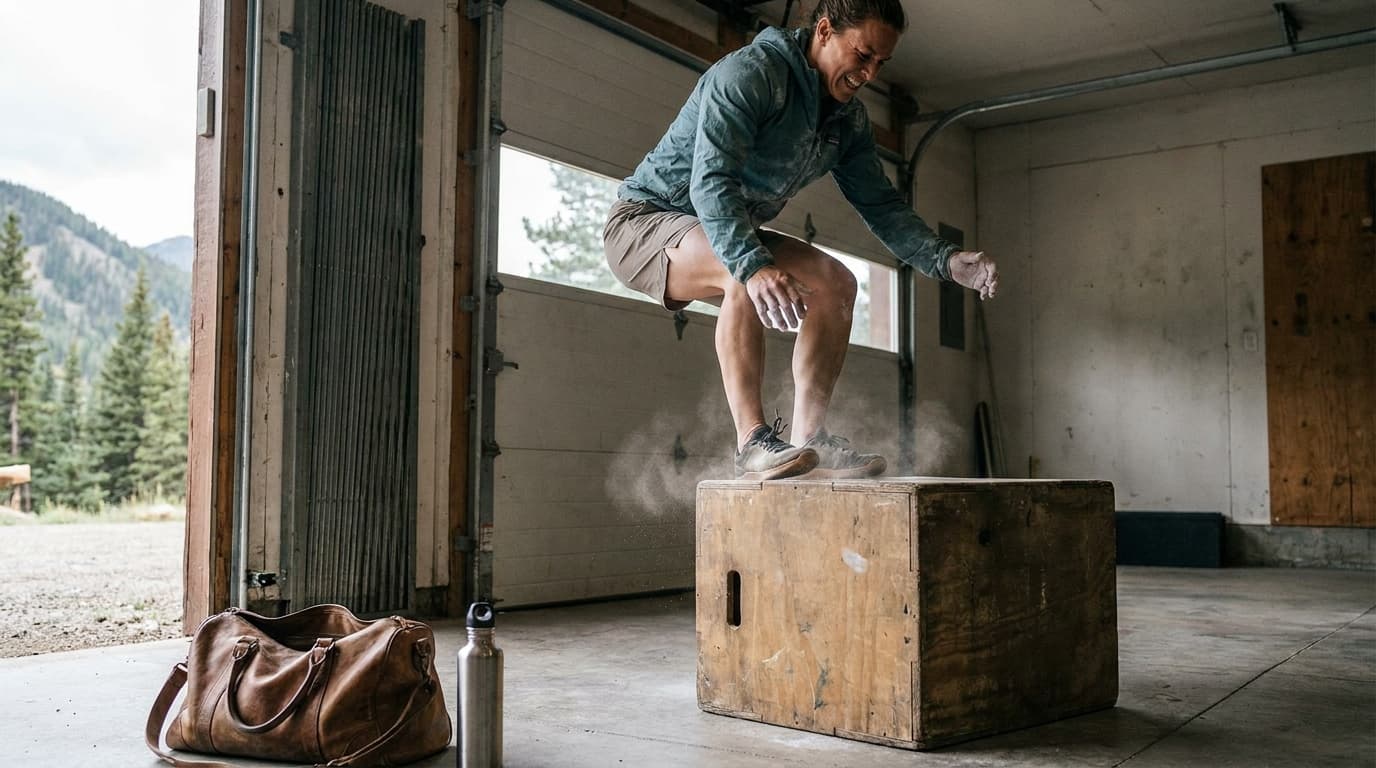 A chalk-dusted athlete landing a broad jump onto a tall wooden plyometric box in a concrete-floor garage gym, soft light coming through a roll-up door