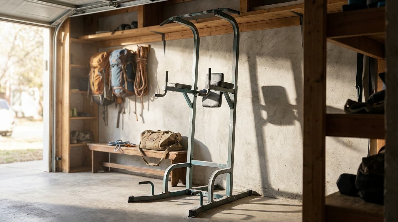 A floor-anchored steel power tower in a sunlit garage gym, with chalk-dusted dip bars and a pull-up bar casting shadows on the concrete wall