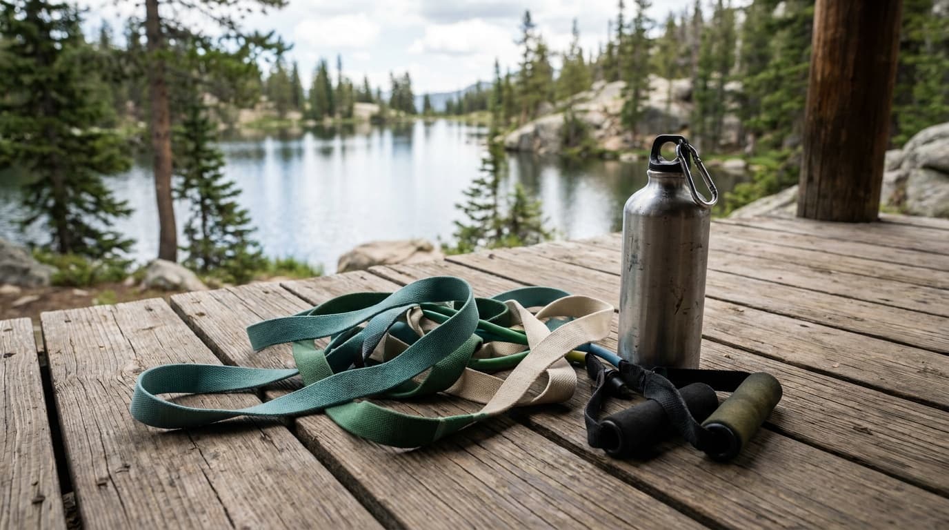 A set of color-coded resistance bands laid out on a wooden gym floor next to a water bottle and resistance tube handles
