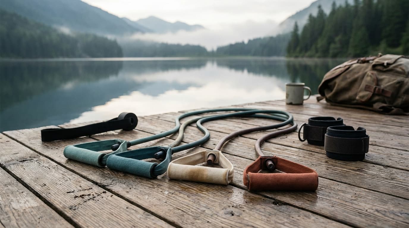 A set of five color-coded resistance tubes with padded foam handles laid out on a wood gym floor next to a door anchor and ankle straps