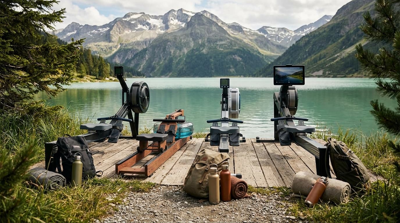 Four rowing machines side by side showing air, magnetic, water, and connected resistance types for home cardio