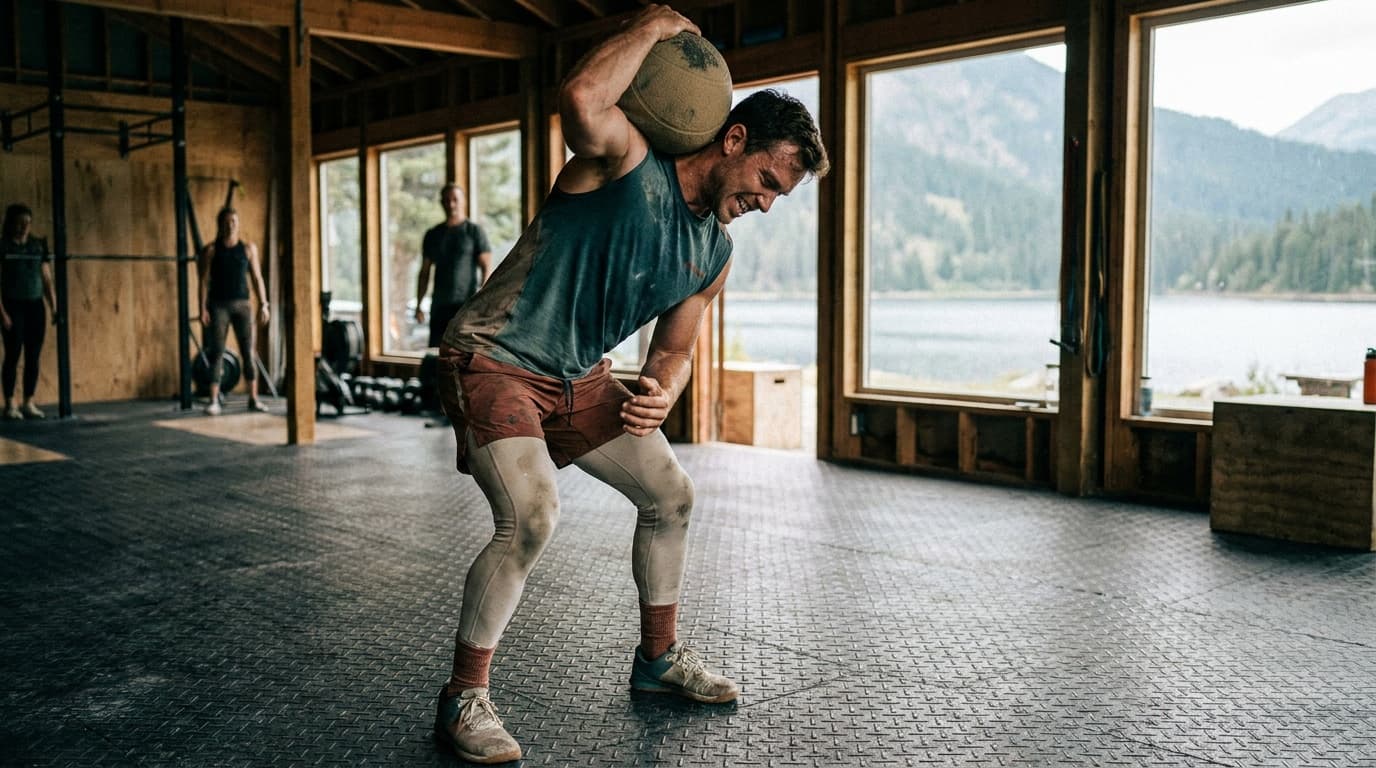 An athlete raising a heavy slam ball overhead in a gym, about to drive it into a rubber floor during a conditioning set